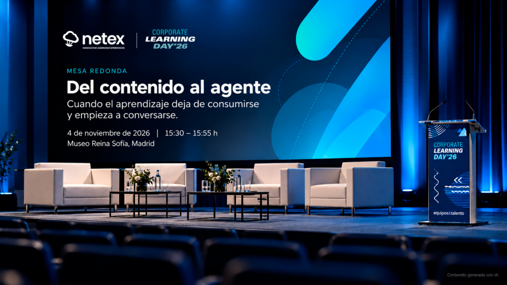 Escenario ilustrativo de Corporate Learning Day Madrid 2026, donde Netex moderará la mesa Del contenido al agente el 4 de noviembre.